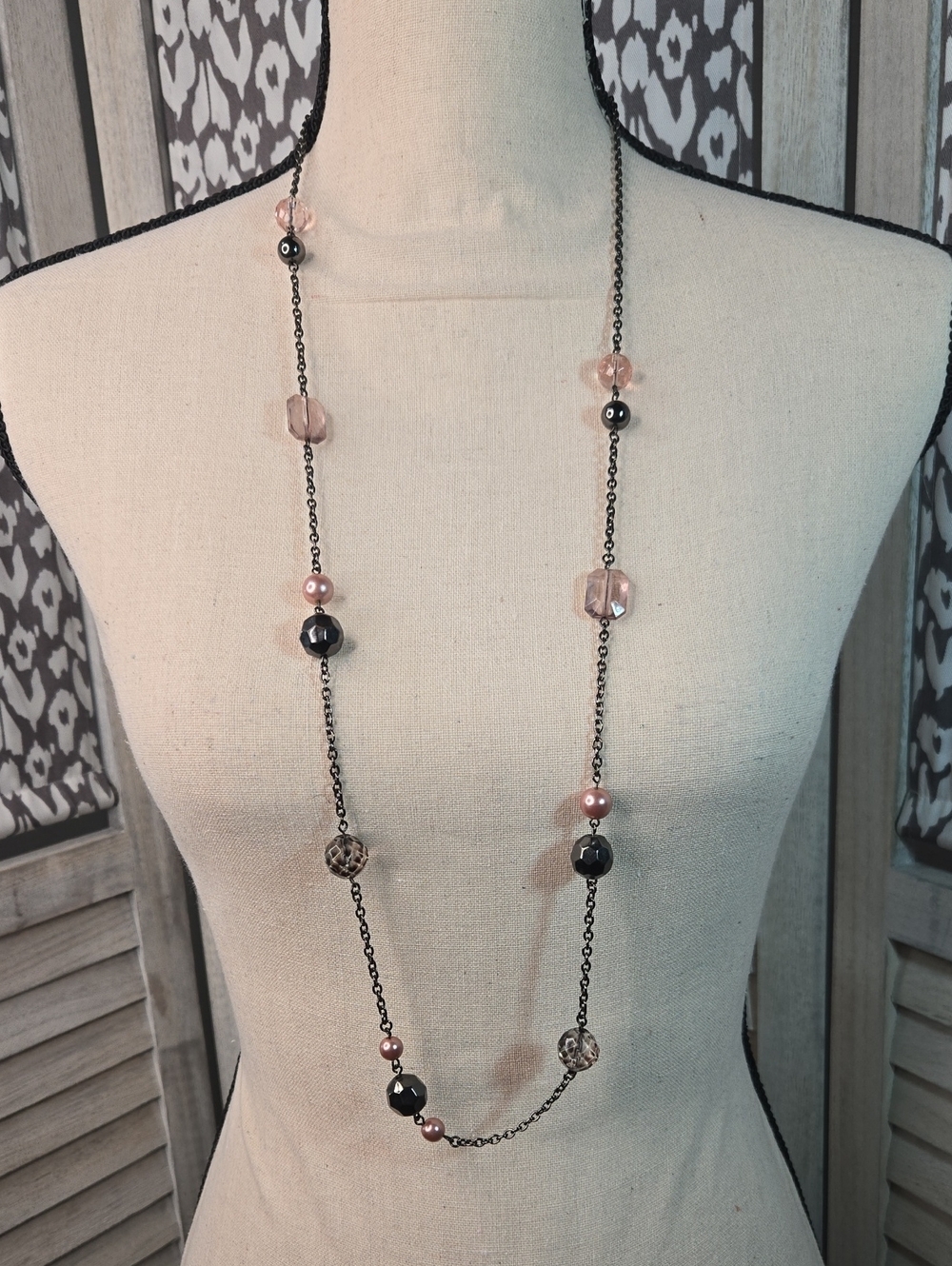 New York & Company Pink and Black Beaded Long Station Necklace
